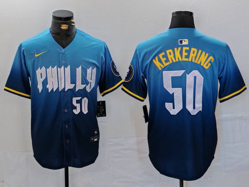 Men Philadelphia Phillies #50 Kerkering Blue City Edition Nike 2024 MLB Jersey style 1